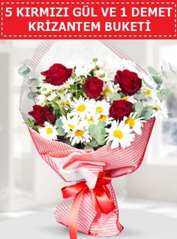 5 adet kırmızı gül ve krizantem buketi  Eskişehir online çiçek gönderme sipariş 
