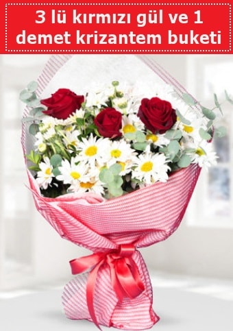 3 adet kırmızı gül ve krizantem buketi  Eskişehir internetten çiçek satışı 